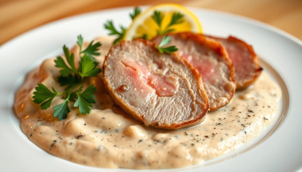 Tranches de veau servies avec une sauce au thon crémeuse