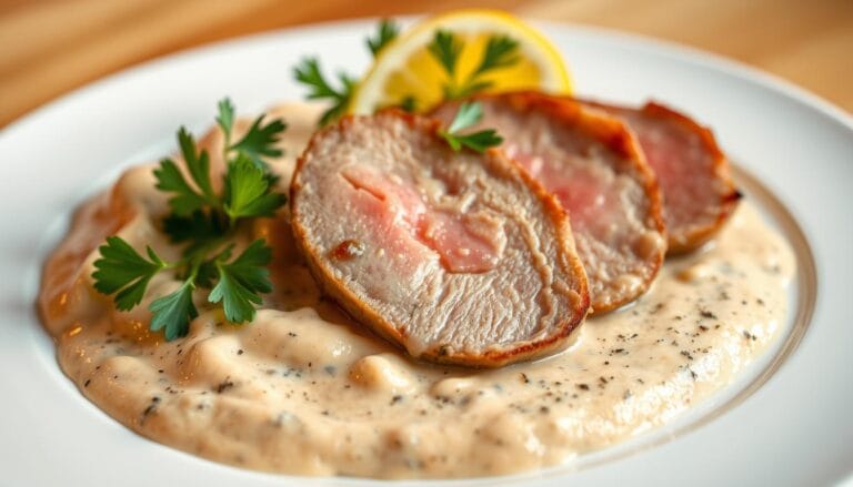 Tranches de veau servies avec une sauce au thon crémeuse