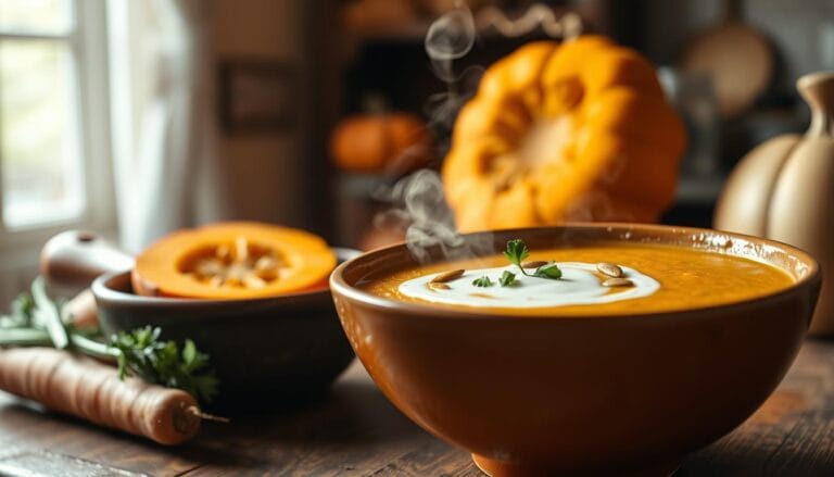 As fall and winter come, you might want a warm, comforting soup. This pumpkin carrot soup is just what you need. It's a mix of pumpkin, carrots, and spices that makes you feel cozy. It's also vegan and gluten-free, using simple ingredients like pumpkin, carrots, onion, garlic, and vegetable stock