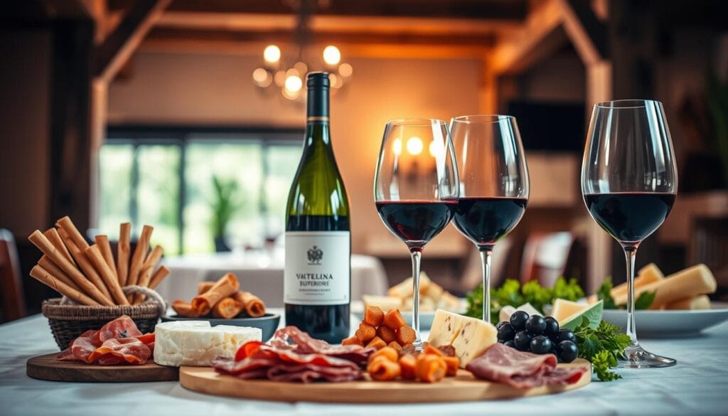 A beautifully lit table setting showcasing the rich wine pairings of Lombardy. In the foreground, a selection of Lombardy's finest cheeses, cured meats, and breadsticks, artfully arranged. In the middle ground, a trio of Lombardy's renowned red wines - Valtellina Superiore, Franciacorta, and Oltrepò Pavese - each in a handcrafted crystal glass. The background features a warm, cozy ambiance with exposed wood beams, soft lighting, and a hint of verdant foliage, evoking the rustic charm of the Lombardy countryside. The overall composition exudes an air of sophistication and culinary delight, perfectly capturing the essence of Lombardy's renowned wine and food culture. A beautifully lit table setting showcasing the rich wine pairings of Lombardy. In the foreground, a selection of Lombardy's finest cheeses, cured meats, and breadsticks, artfully arranged. In the middle ground, a trio of Lombardy's renowned red wines - Valtellina Superiore, Franciacorta, and Oltrepò Pavese - each in a handcrafted crystal glass. The background features a warm, cozy ambiance with exposed wood beams, soft lighting, and a hint of verdant foliage, evoking the rustic charm of the Lombardy countryside. The overall composition exudes an air of sophistication and culinary delight, perfectly capturing the essence of Lombardy's renowned wine and food culture.