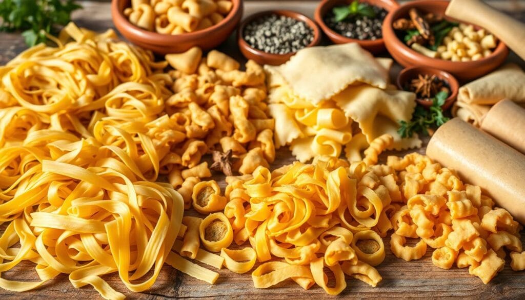 A bountiful display of hand-crafted pasta varieties, each shape and texture artfully arranged on a rustic wooden table. In the foreground, delicate strands of tagliatelle, fusilli, and orecchiette glisten under soft, natural lighting, their colors ranging from vibrant golden yellow to deep earthy tones. In the middle ground, larger shapes like pappardelle and conchiglie lie alongside freshly rolled sheets of pasta dough, revealing the time-honored craftsmanship of the Campagna region. The background features terracotta dishes overflowing with fragrant herbs and spices, hinting at the flavorful preparations to come. The overall scene exudes a sense of homespun elegance, inviting the viewer to imagine the simple, yet exquisite dishes that will grace the table. A bountiful display of hand-crafted pasta varieties, each shape and texture artfully arranged on a rustic wooden table. In the foreground, delicate strands of tagliatelle, fusilli, and orecchiette glisten under soft, natural lighting, their colors ranging from vibrant golden yellow to deep earthy tones. In the middle ground, larger shapes like pappardelle and conchiglie lie alongside freshly rolled sheets of pasta dough, revealing the time-honored craftsmanship of the Campagna region. The background features terracotta dishes overflowing with fragrant herbs and spices, hinting at the flavorful preparations to come. The overall scene exudes a sense of homespun elegance, inviting the viewer to imagine the simple, yet exquisite dishes that will grace the table.