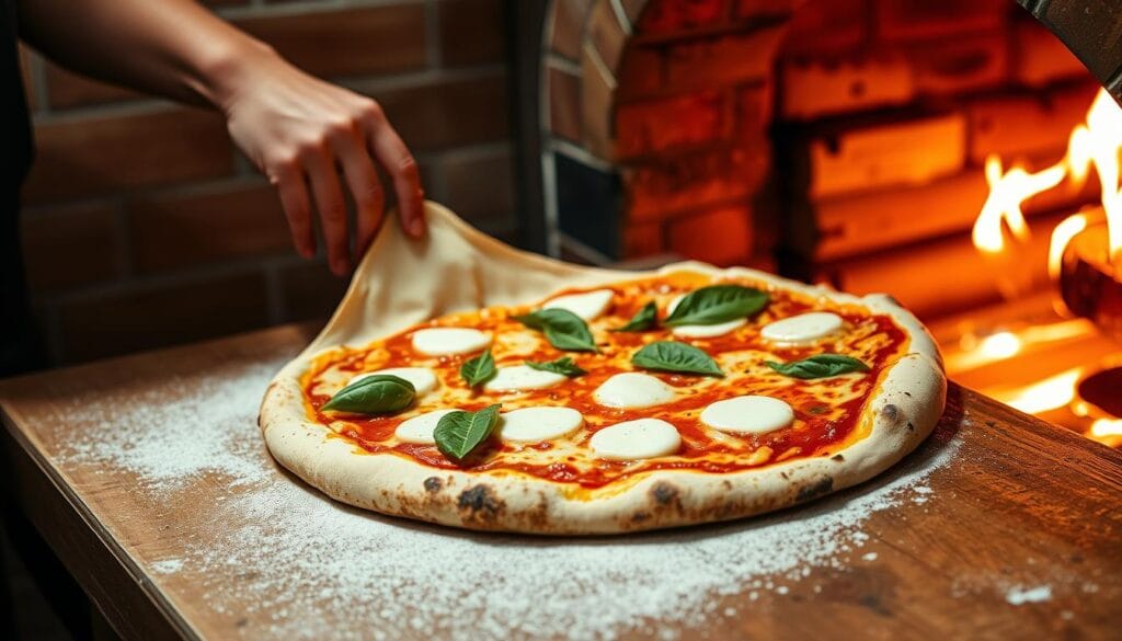A classic Neapolitan pizza being hand-stretched and topped in an authentic pizzeria kitchen. The dough is rolled out with a gentle touch, revealing its soft, pillowy texture. Thin slices of mozzarella are carefully placed, followed by sweet tomato sauce and a sprinkle of fragrant basil leaves. The pizza is then slid into a wood-fired oven, its flames licking the edges and creating a beautifully charred crust. The scene is illuminated by warm, natural lighting, capturing the artisanal craftsmanship and time-honored traditions of Neapolitan pizza making, worthy of its UNESCO World Heritage status. A classic Neapolitan pizza being hand-stretched and topped in an authentic pizzeria kitchen. The dough is rolled out with a gentle touch, revealing its soft, pillowy texture. Thin slices of mozzarella are carefully placed, followed by sweet tomato sauce and a sprinkle of fragrant basil leaves. The pizza is then slid into a wood-fired oven, its flames licking the edges and creating a beautifully charred crust. The scene is illuminated by warm, natural lighting, capturing the artisanal craftsmanship and time-honored traditions of Neapolitan pizza making, worthy of its UNESCO World Heritage status.