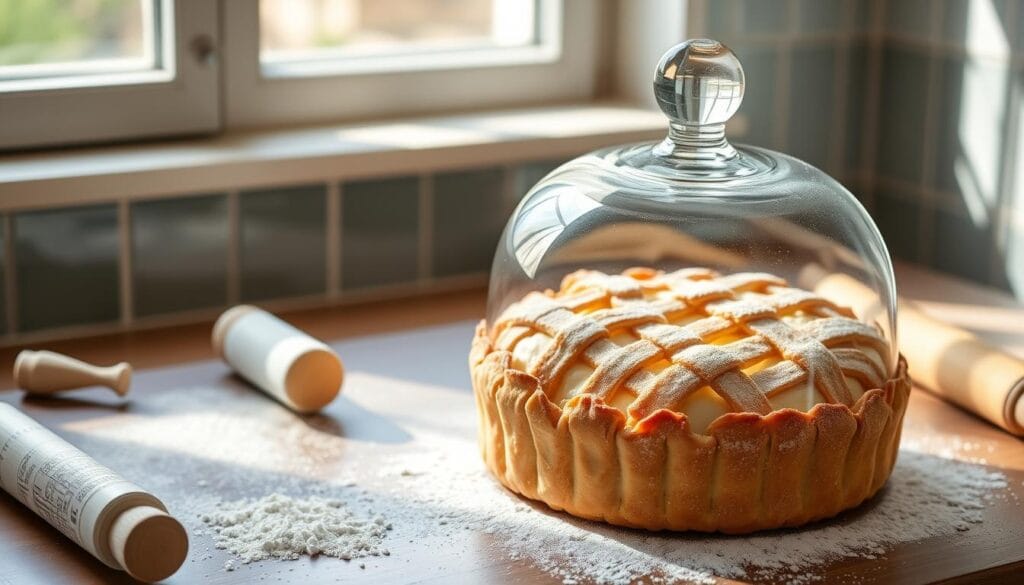 A cozy kitchen counter showcases a traditional Neapolitan pastiera, its flaky crust and creamy filling preserved under a glass dome. Soft natural light filters through a nearby window, casting gentle shadows and highlighting the pastry's intricate lattice pattern. Surrounding the pastry are a few simple kitchen tools - a rolling pin, a dusting of flour, and a sprinkling of powdered sugar - hinting at the care and craft that went into its preparation. The scene conveys a sense of domestic tranquility, inviting the viewer to imagine slicing into the pastry and savoring its harmonious blend of wheat, ricotta, and citrus flavors. A cozy kitchen counter showcases a traditional Neapolitan pastiera, its flaky crust and creamy filling preserved under a glass dome. Soft natural light filters through a nearby window, casting gentle shadows and highlighting the pastry's intricate lattice pattern. Surrounding the pastry are a few simple kitchen tools - a rolling pin, a dusting of flour, and a sprinkling of powdered sugar - hinting at the care and craft that went into its preparation. The scene conveys a sense of domestic tranquility, inviting the viewer to imagine slicing into the pastry and savoring its harmonious blend of wheat, ricotta, and citrus flavors.