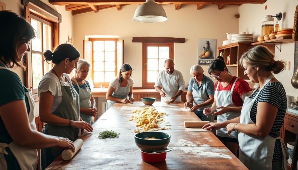 A cozy, well-lit kitchen in a traditional Sardinian villa, with a group of enthusiastic students gathered around a long wooden table, intently focused on the art of handmade pasta making. The instructor, an experienced local chef, demonstrates the delicate technique of rolling and shaping the dough, their skilled hands moving with practiced precision. Sunlight filters in through large windows, casting a warm glow on the scene. The air is filled with the tantalizing aroma of herbs and freshly kneaded dough. Colorful bowls of ingredients and neatly folded aprons add to the inviting atmosphere, as the students eagerly learn the secrets of creating authentic Sardinian pasta specialties. A cozy, well-lit kitchen in a traditional Sardinian villa, with a group of enthusiastic students gathered around a long wooden table, intently focused on the art of handmade pasta making. The instructor, an experienced local chef, demonstrates the delicate technique of rolling and shaping the dough, their skilled hands moving with practiced precision. Sunlight filters in through large windows, casting a warm glow on the scene. The air is filled with the tantalizing aroma of herbs and freshly kneaded dough. Colorful bowls of ingredients and neatly folded aprons add to the inviting atmosphere, as the students eagerly learn the secrets of creating authentic Sardinian pasta specialties.