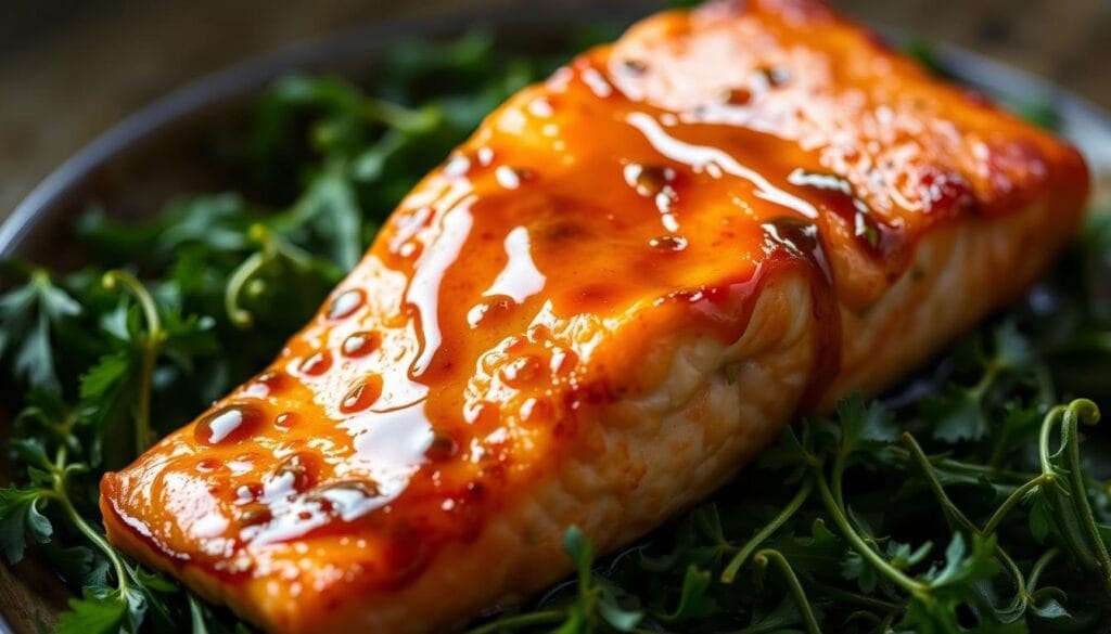 A delectable baked salmon fillet, its surface glistening with a tantalizing honey mustard glaze. The fish rests atop a bed of fresh green herbs, their vibrant colors complementing the rich, flaky salmon. Warm, golden-brown edges frame the center, where the glaze has caramelized to a mouthwatering sheen. Soft, ambient lighting casts a cozy, inviting glow, drawing the viewer in to admire the dish's tempting presentation. The composition is crisp and visually balanced, capturing the essence of a quick, yet elegant baked salmon meal. A delectable baked salmon fillet, its surface glistening with a tantalizing honey mustard glaze. The fish rests atop a bed of fresh green herbs, their vibrant colors complementing the rich, flaky salmon. Warm, golden-brown edges frame the center, where the glaze has caramelized to a mouthwatering sheen. Soft, ambient lighting casts a cozy, inviting glow, drawing the viewer in to admire the dish's tempting presentation. The composition is crisp and visually balanced, capturing the essence of a quick, yet elegant baked salmon meal.