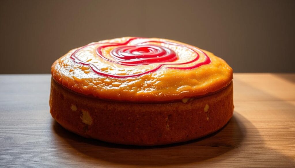 A delectable ciaramicola, a traditional Easter cake from Umbria, Italy, rests upon a wooden table. The golden-brown cake is adorned with a glistening glaze and accented with vibrant crimson swirls of Alchermes liqueur, creating a mesmerizing visual contrast. Soft, natural lighting casts a warm, inviting glow, highlighting the intricate textures of the cake's surface. In the background, a neutral, minimalist setting allows the ciaramicola to take center stage, showcasing its time-honored craftsmanship and the essence of Umbrian culinary heritage. A delectable ciaramicola, a traditional Easter cake from Umbria, Italy, rests upon a wooden table. The golden-brown cake is adorned with a glistening glaze and accented with vibrant crimson swirls of Alchermes liqueur, creating a mesmerizing visual contrast. Soft, natural lighting casts a warm, inviting glow, highlighting the intricate textures of the cake's surface. In the background, a neutral, minimalist setting allows the ciaramicola to take center stage, showcasing its time-honored craftsmanship and the essence of Umbrian culinary heritage.