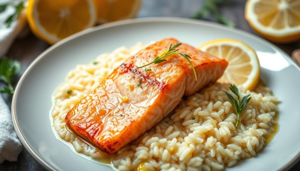 A delicate risotto with fresh, flaky salmon and a vibrant lemon zest, gently simmered in a rich, fragrant broth. The salmon fillet is perfectly seared, its golden edges contrasting with the creamy, al dente rice. Lemon wedges and a sprinkling of fresh herbs add a bright, tangy counterpoint, elevating the dish without the need for heavy cream. The scene is bathed in soft, natural lighting, highlighting the vibrant colors and textures. A shallow depth of field puts the risotto in sharp focus, drawing the eye to the artful arrangement of ingredients. The overall mood is one of lightness and simplicity, reflecting the clean, balanced flavors. A delicate risotto with fresh, flaky salmon and a vibrant lemon zest, gently simmered in a rich, fragrant broth. The salmon fillet is perfectly seared, its golden edges contrasting with the creamy, al dente rice. Lemon wedges and a sprinkling of fresh herbs add a bright, tangy counterpoint, elevating the dish without the need for heavy cream. The scene is bathed in soft, natural lighting, highlighting the vibrant colors and textures. A shallow depth of field puts the risotto in sharp focus, drawing the eye to the artful arrangement of ingredients. The overall mood is one of lightness and simplicity, reflecting the clean, balanced flavors.