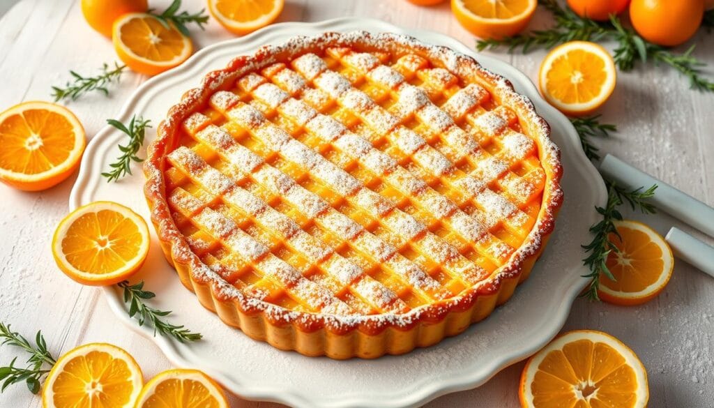 A grand presentation of the iconic Neapolitan Pastiera, the legendary Italian Easter dessert. Atop a pristine white porcelain platter, the golden-hued tart gleams under soft, warm lighting, its delicate lattice crust inviting a closer look. Surrounding the centerpiece are artfully arranged garnishes - fragrant citrus slices, a dusting of powdered sugar, and sprigs of fresh greenery that add a vibrant touch. The overall composition exudes an air of refined elegance, capturing the essence of this beloved confection and the celebratory spirit of the Italian Easter tradition. A grand presentation of the iconic Neapolitan Pastiera, the legendary Italian Easter dessert. Atop a pristine white porcelain platter, the golden-hued tart gleams under soft, warm lighting, its delicate lattice crust inviting a closer look. Surrounding the centerpiece are artfully arranged garnishes - fragrant citrus slices, a dusting of powdered sugar, and sprigs of fresh greenery that add a vibrant touch. The overall composition exudes an air of refined elegance, capturing the essence of this beloved confection and the celebratory spirit of the Italian Easter tradition.
