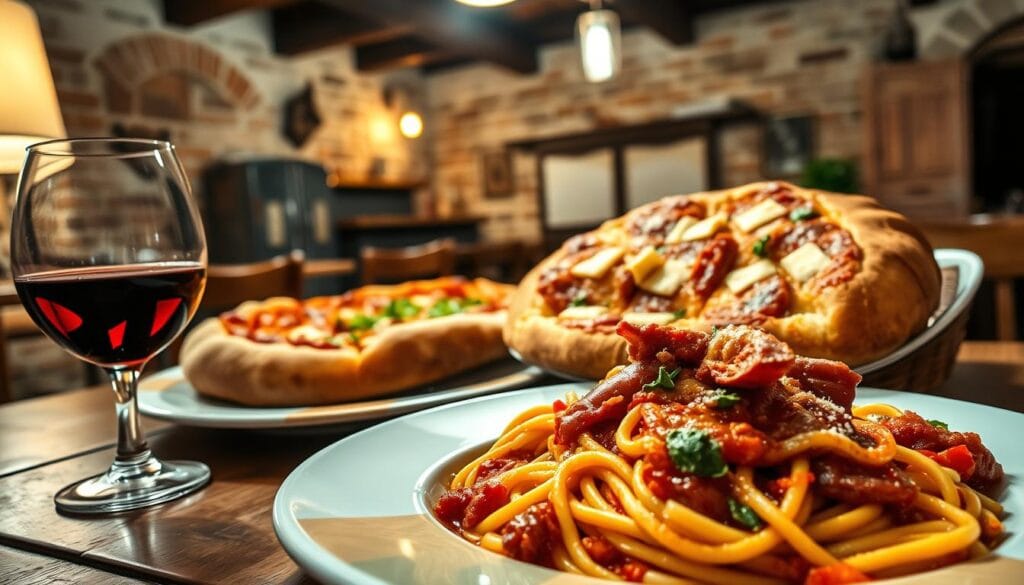 A mouthwatering spread of authentic Lazio cuisine, set against the rustic backdrop of a traditional Italian trattoria. In the foreground, a steaming plate of bucatini all'amatriciana, its thick pasta strands enveloped in a rich, tomato-based sauce, sprinkled with crispy guanciale. Beside it, a glass of robust, ruby-red Cesanese wine. In the middle ground, a freshly baked loaf of crusty, golden-brown Roman-style pizza, its crust adorned with sizzling morsels of pecorino romano. The background features a cozy, dimly lit dining room, with weathered brick walls, wooden beams, and worn terracotta tiles. Soft, warm lighting casts a inviting glow, setting the stage for an authentic Lazio culinary experience. A mouthwatering spread of authentic Lazio cuisine, set against the rustic backdrop of a traditional Italian trattoria. In the foreground, a steaming plate of bucatini all'amatriciana, its thick pasta strands enveloped in a rich, tomato-based sauce, sprinkled with crispy guanciale. Beside it, a glass of robust, ruby-red Cesanese wine. In the middle ground, a freshly baked loaf of crusty, golden-brown Roman-style pizza, its crust adorned with sizzling morsels of pecorino romano. The background features a cozy, dimly lit dining room, with weathered brick walls, wooden beams, and worn terracotta tiles. Soft, warm lighting casts a inviting glow, setting the stage for an authentic Lazio culinary experience.