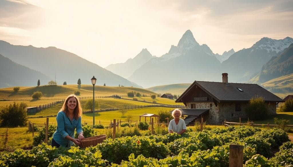 A picturesque Trentino-Alto Adige agritourism scene, captured in soft, golden afternoon light. In the foreground, a family works together to harvest fresh produce from the lush, organic vegetable garden, their smiles brimming with a sense of connection to the land. The middle ground features a traditional Alpine farmhouse, its wooden beams and stone walls weathered by time, nestled amidst rolling hills and verdant meadows. In the background, majestic snow-capped peaks of the Dolomites rise, creating a stunning natural backdrop. The overall atmosphere evokes a deep sense of tranquility, authenticity, and the joy of immersing oneself in the rhythms of rural life. A picturesque Trentino-Alto Adige agritourism scene, captured in soft, golden afternoon light. In the foreground, a family works together to harvest fresh produce from the lush, organic vegetable garden, their smiles brimming with a sense of connection to the land. The middle ground features a traditional Alpine farmhouse, its wooden beams and stone walls weathered by time, nestled amidst rolling hills and verdant meadows. In the background, majestic snow-capped peaks of the Dolomites rise, creating a stunning natural backdrop. The overall atmosphere evokes a deep sense of tranquility, authenticity, and the joy of immersing oneself in the rhythms of rural life.