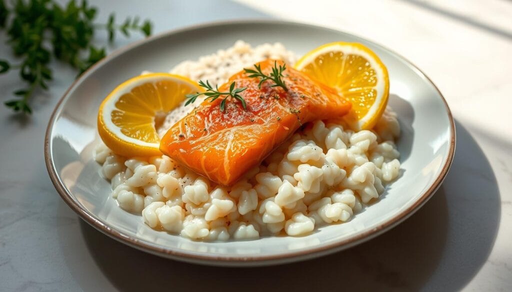 A plate of light and creamy risotto, graced with delicate slices of fresh salmon, adorned with vibrant lemon wedges. The rice grains glisten under the soft, natural lighting, creating a inviting and artful presentation. Garnished with a sprinkle of fresh herbs, the dish emits a subtle, citrusy aroma. The composition is balanced, with the salmon resting atop the risotto in an elegant, eye-catching arrangement. The overall scene conveys a sense of refined simplicity, highlighting the clean flavors of the ingredients without the need for heavy cream. An inspirational dish, ready to be savored. A plate of light and creamy risotto, graced with delicate slices of fresh salmon, adorned with vibrant lemon wedges. The rice grains glisten under the soft, natural lighting, creating a inviting and artful presentation. Garnished with a sprinkle of fresh herbs, the dish emits a subtle, citrusy aroma. The composition is balanced, with the salmon resting atop the risotto in an elegant, eye-catching arrangement. The overall scene conveys a sense of refined simplicity, highlighting the clean flavors of the ingredients without the need for heavy cream. An inspirational dish, ready to be savored.