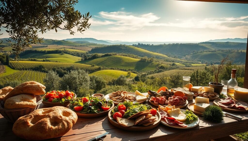 A rustic Italian countryside scene featuring an array of Ligurian land-based delicacies. In the foreground, a wooden table is laden with freshly baked focaccia, hearty olive oil-dressed salads, and platters of cured meats and local cheeses. Mid-ground, rolling green hills dotted with olive groves and vineyards stretch out towards the horizon. Sunlight filters through wispy clouds, illuminating the scene with a warm, golden glow. The overall mood is one of authentic, farm-to-table abundance, reflecting the rich culinary traditions of this coastal Italian region. A rustic Italian countryside scene featuring an array of Ligurian land-based delicacies. In the foreground, a wooden table is laden with freshly baked focaccia, hearty olive oil-dressed salads, and platters of cured meats and local cheeses. Mid-ground, rolling green hills dotted with olive groves and vineyards stretch out towards the horizon. Sunlight filters through wispy clouds, illuminating the scene with a warm, golden glow. The overall mood is one of authentic, farm-to-table abundance, reflecting the rich culinary traditions of this coastal Italian region.
