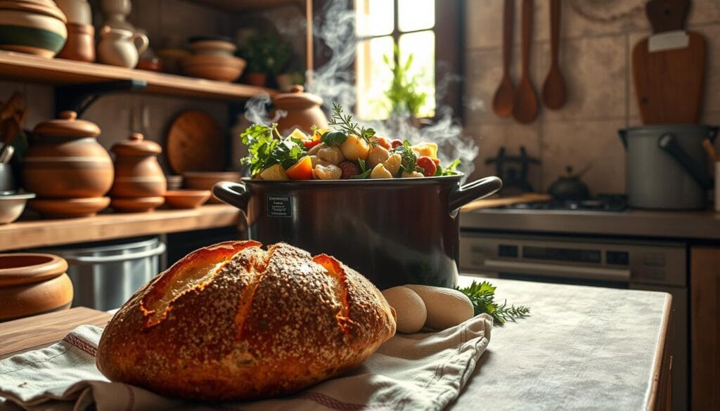 A rustic Italian kitchen, the countertops cluttered with earthenware bowls and wooden spoons. Sunlight streams through a window, casting a warm glow over a hearty, steaming one-pot dish. Vegetables and herbs spill out from the pot, their rich aromas filling the air. In the foreground, a crusty loaf of bread rests on a tattered linen napkin, begging to be dipped into the soul-nourishing broth. The scene evokes the comforting simplicity of traditional Molisano cooking, where homemade pastas, legumes, and foraged greens come together in a symphony of flavor. Shot with a wide-angle lens to capture the rustic, cozy atmosphere, this image celebrates the humble yet deeply satisfying dishes that define the cuisine of this hidden Italian region. A rustic Italian kitchen, the countertops cluttered with earthenware bowls and wooden spoons. Sunlight streams through a window, casting a warm glow over a hearty, steaming one-pot dish. Vegetables and herbs spill out from the pot, their rich aromas filling the air. In the foreground, a crusty loaf of bread rests on a tattered linen napkin, begging to be dipped into the soul-nourishing broth. The scene evokes the comforting simplicity of traditional Molisano cooking, where homemade pastas, legumes, and foraged greens come together in a symphony of flavor. Shot with a wide-angle lens to capture the rustic, cozy atmosphere, this image celebrates the humble yet deeply satisfying dishes that define the cuisine of this hidden Italian region.