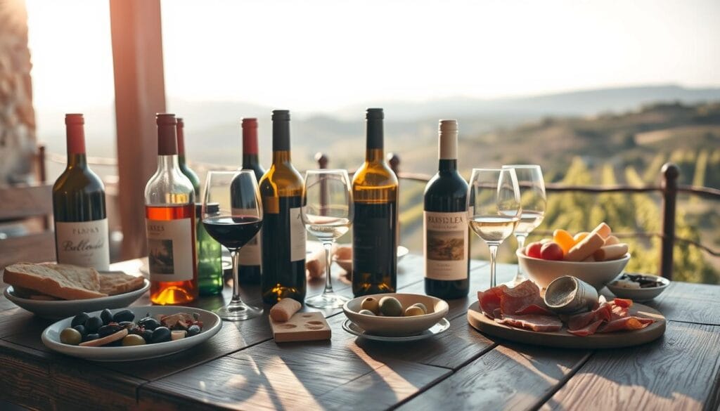 A rustic Sicilian dining scene, bathed in warm Mediterranean light. On a wooden table, an array of local wine bottles and glasses, alongside platters of cured meats, olives, and fresh bread. In the background, a glimpse of rolling vineyards and distant hills. The mood is one of casual elegance, inviting the viewer to savor the flavorful pairings of Sicilian wine and regional delicacies. The image is captured with a soft, slightly vintage-inspired lens, evoking the timeless charm of the island's culinary traditions. A rustic Sicilian dining scene, bathed in warm Mediterranean light. On a wooden table, an array of local wine bottles and glasses, alongside platters of cured meats, olives, and fresh bread. In the background, a glimpse of rolling vineyards and distant hills. The mood is one of casual elegance, inviting the viewer to savor the flavorful pairings of Sicilian wine and regional delicacies. The image is captured with a soft, slightly vintage-inspired lens, evoking the timeless charm of the island's culinary traditions.