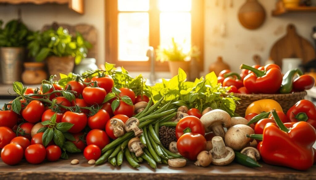 A rustic Tuscan kitchen counter overflowing with seasonal ingredients - freshly picked tomatoes, fragrant basil, crisp green beans, earthy mushrooms, and vibrant red peppers. Warm Mediterranean sunlight filters through a nearby window, casting a soft golden glow over the scene. The ingredients are arranged in a visually appealing, artisanal manner, suggesting a celebration of local, homegrown produce. The overall mood is one of abundance, natural simplicity, and culinary delight, reflecting the essence of Tuscan seasonal dining. A rustic Tuscan kitchen counter overflowing with seasonal ingredients - freshly picked tomatoes, fragrant basil, crisp green beans, earthy mushrooms, and vibrant red peppers. Warm Mediterranean sunlight filters through a nearby window, casting a soft golden glow over the scene. The ingredients are arranged in a visually appealing, artisanal manner, suggesting a celebration of local, homegrown produce. The overall mood is one of abundance, natural simplicity, and culinary delight, reflecting the essence of Tuscan seasonal dining.