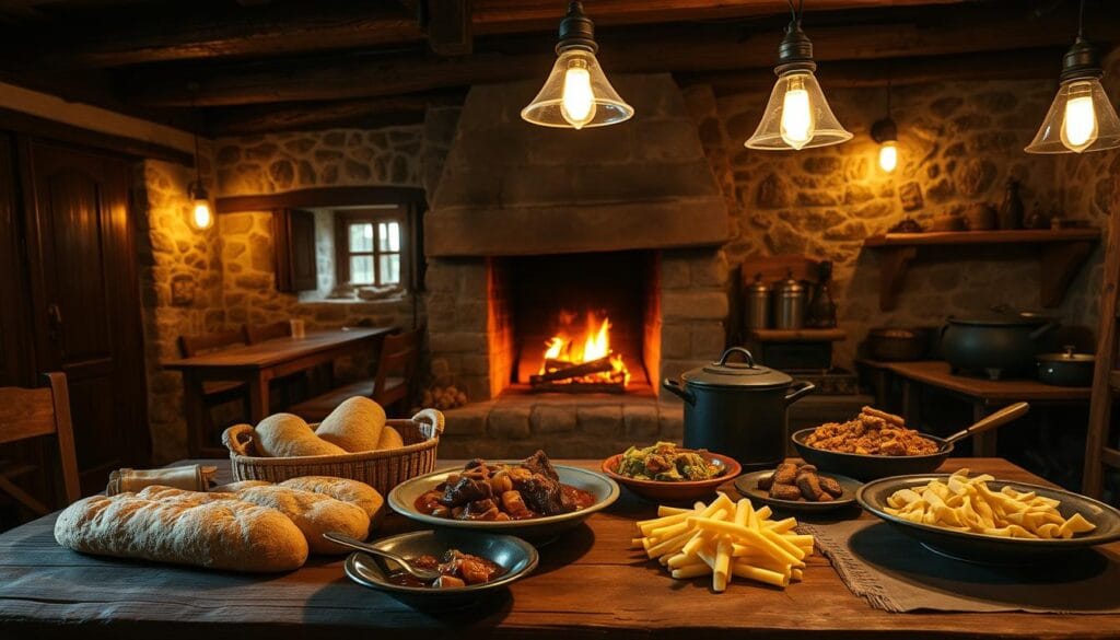 A rustic rural Italian kitchen, dimly lit by warm incandescent lamps hanging overhead, showcasing the traditional cuisine of Molise. In the foreground, a wooden table is adorned with simple yet authentic Molisano dishes, including freshly baked bread, hearty lamb stew, and hand-rolled pasta. The middle ground features a large stone fireplace, its embers glowing, with a cast-iron pot simmering on the open flame. The background reveals exposed stone walls, heavy oak beams, and antique cookware, conveying a sense of timeless Molisano culinary heritage. The overall atmosphere is cozy, inviting, and true to the hidden region's time-honored gastronomic traditions. A rustic rural Italian kitchen, dimly lit by warm incandescent lamps hanging overhead, showcasing the traditional cuisine of Molise. In the foreground, a wooden table is adorned with simple yet authentic Molisano dishes, including freshly baked bread, hearty lamb stew, and hand-rolled pasta. The middle ground features a large stone fireplace, its embers glowing, with a cast-iron pot simmering on the open flame. The background reveals exposed stone walls, heavy oak beams, and antique cookware, conveying a sense of timeless Molisano culinary heritage. The overall atmosphere is cozy, inviting, and true to the hidden region's time-honored gastronomic traditions.