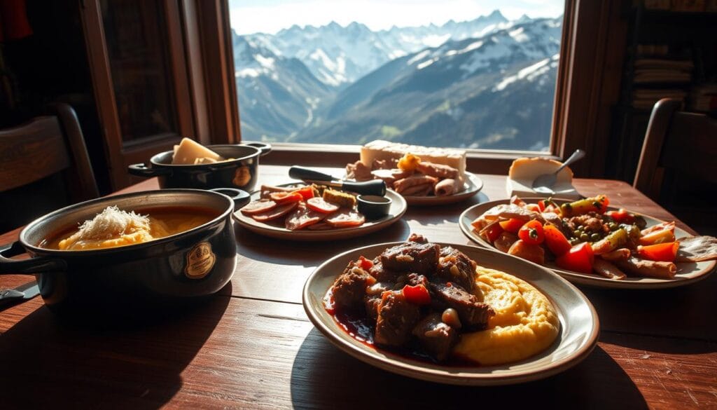 A rustic table set with traditional Valle d'Aosta dishes, bathed in warm, natural lighting. In the foreground, a hearty pot of rich, creamy polenta, sprinkled with grated Fontina cheese. Alongside, a plate of tender, slow-cooked beef in a robust red wine sauce, accompanied by roasted alpine vegetables. In the middle ground, a platter of locally cured meats and artisanal cheeses, including the renowned Fontina and Toma. The background features a panoramic view of the majestic, snow-capped peaks of the Valle d'Aosta region, evoking a sense of authentic, mountain-inspired cuisine. A rustic table set with traditional Valle d'Aosta dishes, bathed in warm, natural lighting. In the foreground, a hearty pot of rich, creamy polenta, sprinkled with grated Fontina cheese. Alongside, a plate of tender, slow-cooked beef in a robust red wine sauce, accompanied by roasted alpine vegetables. In the middle ground, a platter of locally cured meats and artisanal cheeses, including the renowned Fontina and Toma. The background features a panoramic view of the majestic, snow-capped peaks of the Valle d'Aosta region, evoking a sense of authentic, mountain-inspired cuisine.