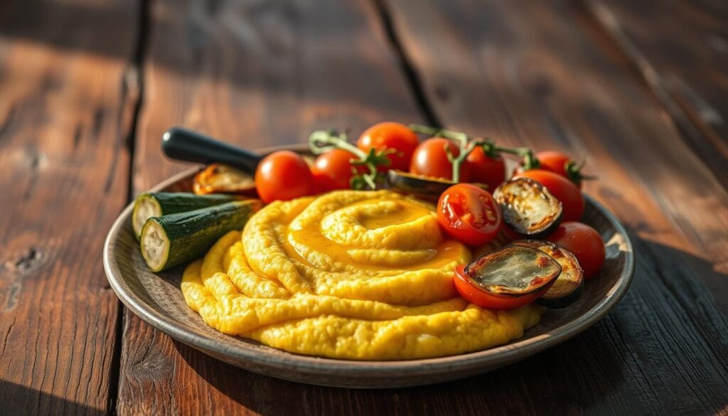 A rustic wooden table, its surface worn with age, serves as the stage for a vibrant display of "polenta et légumes rôtis". Creamy golden polenta, freshly made, is surrounded by an array of roasted vegetables - tender zucchini, earthy eggplant, and juicy tomatoes, all glistening with a drizzle of fragrant olive oil. The scene is bathed in warm, natural light, casting soft shadows and accentuating the vibrant colors. The overall atmosphere exudes a sense of comfort, nourishment, and the genuine flavors of Italian cuisine. This image perfectly captures the health benefits of a vegetable-rich polenta dish, showcasing its wholesome and satisfying nature. A rustic wooden table, its surface worn with age, serves as the stage for a vibrant display of "polenta et légumes rôtis". Creamy golden polenta, freshly made, is surrounded by an array of roasted vegetables - tender zucchini, earthy eggplant, and juicy tomatoes, all glistening with a drizzle of fragrant olive oil. The scene is bathed in warm, natural light, casting soft shadows and accentuating the vibrant colors. The overall atmosphere exudes a sense of comfort, nourishment, and the genuine flavors of Italian cuisine. This image perfectly captures the health benefits of a vegetable-rich polenta dish, showcasing its wholesome and satisfying nature.