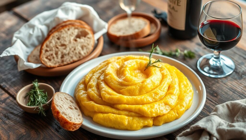 A rustic wooden table, the centerpiece a steaming mound of golden polenta concia, glistening with melted local Fontina cheese. The fragrant dish is surrounded by a selection of fresh, crusty bread, a small bowl of aromatic rosemary, and a glass of rich, ruby-red wine. Soft, diffused lighting casts a warm, inviting glow over the scene, capturing the comforting essence of traditional Valle d'Aosta cuisine. The polenta's texture is smooth and creamy, while the cheese's nutty, slightly sharp flavors mingle perfectly. This authentic presentation showcases the simple yet delectable nature of this regional specialty. A rustic wooden table, the centerpiece a steaming mound of golden polenta concia, glistening with melted local Fontina cheese. The fragrant dish is surrounded by a selection of fresh, crusty bread, a small bowl of aromatic rosemary, and a glass of rich, ruby-red wine. Soft, diffused lighting casts a warm, inviting glow over the scene, capturing the comforting essence of traditional Valle d'Aosta cuisine. The polenta's texture is smooth and creamy, while the cheese's nutty, slightly sharp flavors mingle perfectly. This authentic presentation showcases the simple yet delectable nature of this regional specialty.
