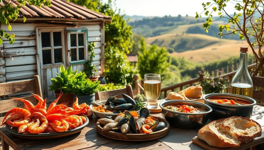 A seaside tableau in the rolling hills of the Campagna, with a weathered fisherman's hut nestled amid lush greenery. Vibrant, freshly caught seafood - glistening shrimp, plump mussels, and gently simmering fish stew - adorn a rustic wooden table, accompanied by crusty bread and a carafe of crisp white wine. Dappled sunlight filters through the windows, casting a warm, inviting glow over the scene. The air is filled with the salty tang of the sea and the aroma of garlic and herbs. This is the essence of Coastal Campagna cuisine - simple, honest flavors that capture the bounty and beauty of the region. A seaside tableau in the rolling hills of the Campagna, with a weathered fisherman's hut nestled amid lush greenery. Vibrant, freshly caught seafood - glistening shrimp, plump mussels, and gently simmering fish stew - adorn a rustic wooden table, accompanied by crusty bread and a carafe of crisp white wine. Dappled sunlight filters through the windows, casting a warm, inviting glow over the scene. The air is filled with the salty tang of the sea and the aroma of garlic and herbs. This is the essence of Coastal Campagna cuisine - simple, honest flavors that capture the bounty and beauty of the region.
