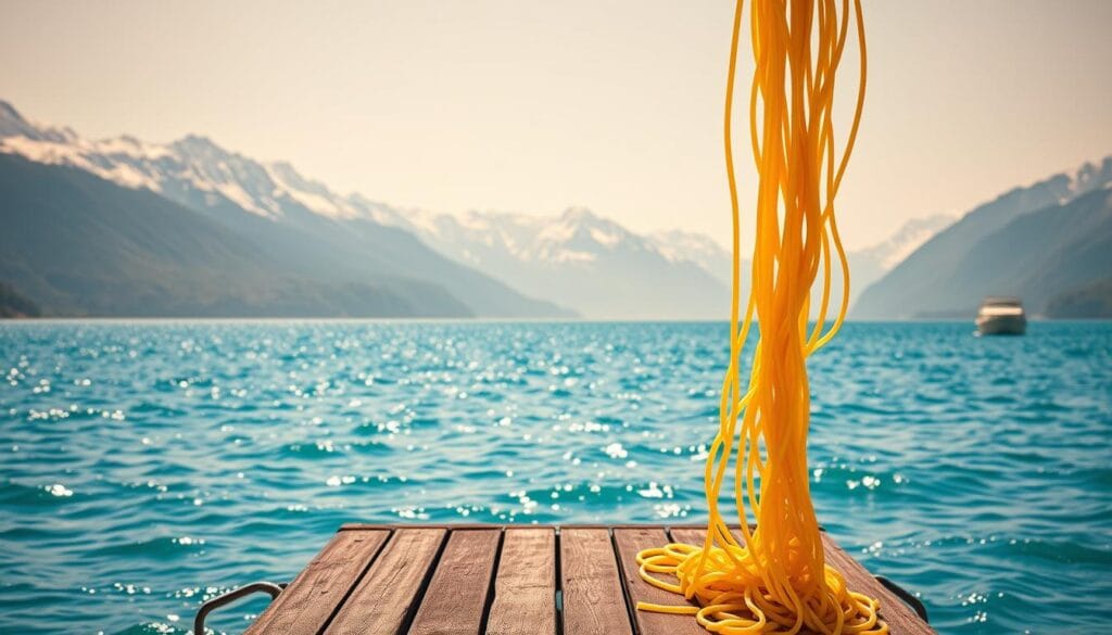 A serene coastline where spaghetti noodles cascade into a shimmering azure sea, framed by majestic snow-capped mountains. In the foreground, a wooden dock juts out, inviting culinary adventurers to embark on a gastronomic journey. Warm, natural lighting illuminates the scene, casting a golden glow across the idyllic landscape. The composition features a harmonious balance of the spaghetti, sea, and mountains, creating a whimsical yet peaceful atmosphere. This fantastical tableau serves as the perfect backdrop for showcasing creative cooking techniques and mouthwatering spaghetti dishes. A serene coastline where spaghetti noodles cascade into a shimmering azure sea, framed by majestic snow-capped mountains. In the foreground, a wooden dock juts out, inviting culinary adventurers to embark on a gastronomic journey. Warm, natural lighting illuminates the scene, casting a golden glow across the idyllic landscape. The composition features a harmonious balance of the spaghetti, sea, and mountains, creating a whimsical yet peaceful atmosphere. This fantastical tableau serves as the perfect backdrop for showcasing creative cooking techniques and mouthwatering spaghetti dishes.