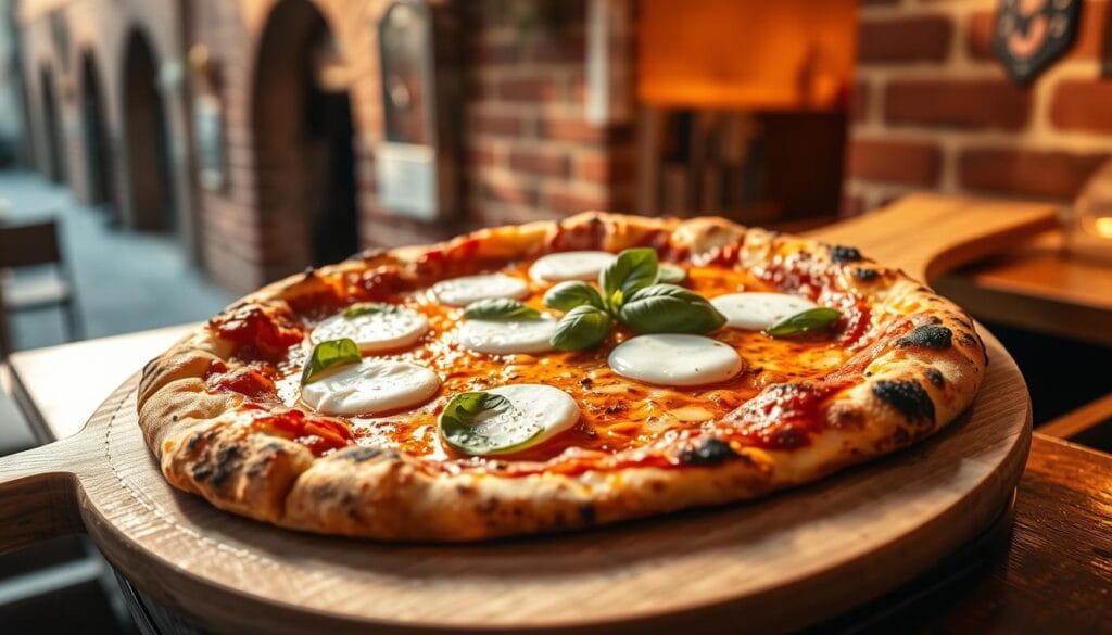 A steaming hot Neapolitan pizza with a perfectly charred, chewy crust, fresh buffalo mozzarella, and fragrant basil leaves arranged artfully on a wooden peel. The scene is bathed in warm, golden light, casting a cozy, inviting glow over the pizza and its rustic, Neapolitan-style setting. In the background, glimpses of an old, brick-walled Neapolitan street can be seen, hinting at the rich cultural heritage and traditions that have shaped this iconic dish. The overall atmosphere is one of authenticity, tradition, and the artisanal craftsmanship that defines the UNESCO-protected art of Neapolitan pizza making. A steaming hot Neapolitan pizza with a perfectly charred, chewy crust, fresh buffalo mozzarella, and fragrant basil leaves arranged artfully on a wooden peel. The scene is bathed in warm, golden light, casting a cozy, inviting glow over the pizza and its rustic, Neapolitan-style setting. In the background, glimpses of an old, brick-walled Neapolitan street can be seen, hinting at the rich cultural heritage and traditions that have shaped this iconic dish. The overall atmosphere is one of authenticity, tradition, and the artisanal craftsmanship that defines the UNESCO-protected art of Neapolitan pizza making.