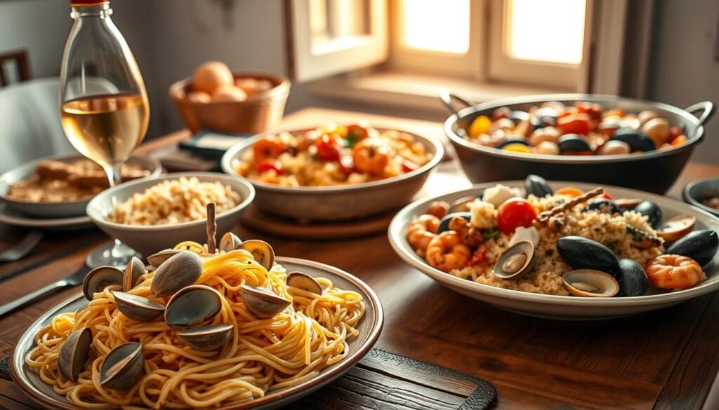 A sumptuous display of classic Sicilian pasta dishes, artfully arranged on a rustic wooden table. In the foreground, a heaping plate of spaghetti alle vongole, the fresh clams nestled amidst a tangle of al dente pasta, glistening with a light, lemon-infused sauce. Nearby, a large bowl of creamy, saffron-tinged risotto alla pescatora, teeming with a bounty of plump shrimp, tender calamari, and mussels. In the middle ground, a steaming casserole of hearty pasta alla norma, the eggplant, tomatoes, and ricotta salata heightening the bold Sicilian flavors. Complementing these dishes, a glass of crisp, chilled Sicilian white wine, casting a warm, golden glow over the scene. Ambient Mediterranean light filters through an open window, casting a soft, inviting atmosphere, capturing the essence of Sicilian culinary delights. A sumptuous display of classic Sicilian pasta dishes, artfully arranged on a rustic wooden table. In the foreground, a heaping plate of spaghetti alle vongole, the fresh clams nestled amidst a tangle of al dente pasta, glistening with a light, lemon-infused sauce. Nearby, a large bowl of creamy, saffron-tinged risotto alla pescatora, teeming with a bounty of plump shrimp, tender calamari, and mussels. In the middle ground, a steaming casserole of hearty pasta alla norma, the eggplant, tomatoes, and ricotta salata heightening the bold Sicilian flavors. Complementing these dishes, a glass of crisp, chilled Sicilian white wine, casting a warm, golden glow over the scene. Ambient Mediterranean light filters through an open window, casting a soft, inviting atmosphere, capturing the essence of Sicilian culinary delights.