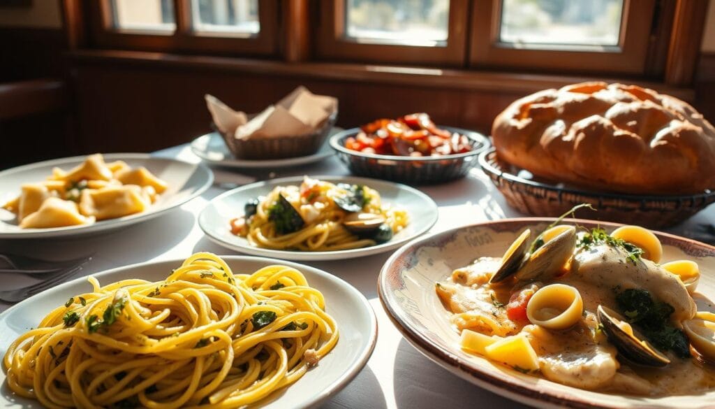 A sun-drenched table in a cozy Ligurian trattoria, adorned with a vibrant array of pasta dishes. In the foreground, twirling strands of pesto-coated trofie, the signature pasta of the region, nestled alongside tender gnocchi in a creamy walnut sauce. Farther back, a steaming plate of hand-rolled ravioli, its pockets bursting with the flavors of the Ligurian coast - ricotta, spinach, and fragrant herbs. The middle ground features a generous portion of linguine alle vongole, the briny clams glistening in a white wine and lemon sauce. In the background, a warm loaf of focaccia, its golden crust glistening with olive oil and rosemary, completes the quintessential Ligurian dining experience. Muted natural light filters through the window, casting a soft, inviting glow over the scene. A sun-drenched table in a cozy Ligurian trattoria, adorned with a vibrant array of pasta dishes. In the foreground, twirling strands of pesto-coated trofie, the signature pasta of the region, nestled alongside tender gnocchi in a creamy walnut sauce. Farther back, a steaming plate of hand-rolled ravioli, its pockets bursting with the flavors of the Ligurian coast - ricotta, spinach, and fragrant herbs. The middle ground features a generous portion of linguine alle vongole, the briny clams glistening in a white wine and lemon sauce. In the background, a warm loaf of focaccia, its golden crust glistening with olive oil and rosemary, completes the quintessential Ligurian dining experience. Muted natural light filters through the window, casting a soft, inviting glow over the scene.