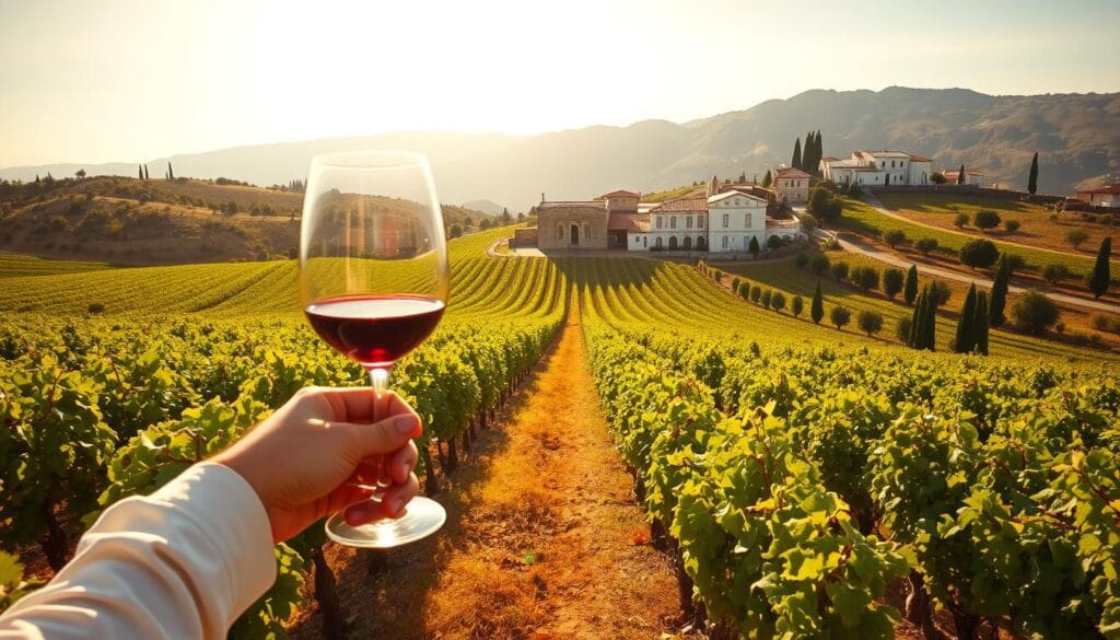 A sun-soaked Sardinian vineyard, rows of lush grapevines stretching towards the horizon. In the foreground, a winemaker swirls a glass of deep red Cannonau, its rich hues reflecting the Mediterranean light. The middle ground features a traditional stone winery, its weathered facade blending seamlessly with the rolling hills. In the distance, a cluster of white-washed buildings nestled among olive groves and cypress trees, inviting the viewer to explore the heart of Sardinian wine country. The scene is bathed in a warm, golden glow, creating a sense of tranquility and timelessness. A wide-angle lens captures the essence of Sardinian wine tourism, where tradition, hospitality, and the pursuit of exquisite vintages converge. A sun-soaked Sardinian vineyard, rows of lush grapevines stretching towards the horizon. In the foreground, a winemaker swirls a glass of deep red Cannonau, its rich hues reflecting the Mediterranean light. The middle ground features a traditional stone winery, its weathered facade blending seamlessly with the rolling hills. In the distance, a cluster of white-washed buildings nestled among olive groves and cypress trees, inviting the viewer to explore the heart of Sardinian wine country. The scene is bathed in a warm, golden glow, creating a sense of tranquility and timelessness. A wide-angle lens captures the essence of Sardinian wine tourism, where tradition, hospitality, and the pursuit of exquisite vintages converge.
