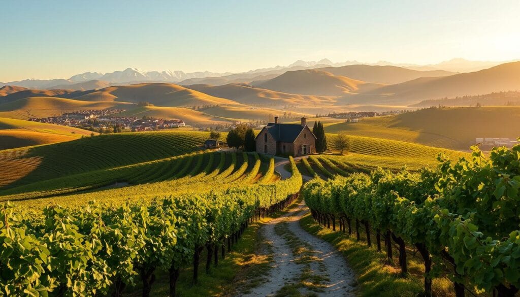 A tranquil landscape of gently rolling hills, covered in lush vineyards and dotted with quaint villages, stretches out before the viewer. The sun casts a warm, golden glow over the scene, casting long shadows and highlighting the intricate patterns of the vines. In the foreground, a winding path leads the eye deeper into the landscape, inviting the viewer to explore the region's renowned wine trails. The middle ground features a charming, historic stone building, likely a local winery or tasting room, nestled among the vines. In the background, majestic snow-capped peaks rise up, framing the idyllic vista. The overall mood is one of tranquility, rustic charm, and the celebration of the region's natural bounty and winemaking heritage. A tranquil landscape of gently rolling hills, covered in lush vineyards and dotted with quaint villages, stretches out before the viewer. The sun casts a warm, golden glow over the scene, casting long shadows and highlighting the intricate patterns of the vines. In the foreground, a winding path leads the eye deeper into the landscape, inviting the viewer to explore the region's renowned wine trails. The middle ground features a charming, historic stone building, likely a local winery or tasting room, nestled among the vines. In the background, majestic snow-capped peaks rise up, framing the idyllic vista. The overall mood is one of tranquility, rustic charm, and the celebration of the region's natural bounty and winemaking heritage.