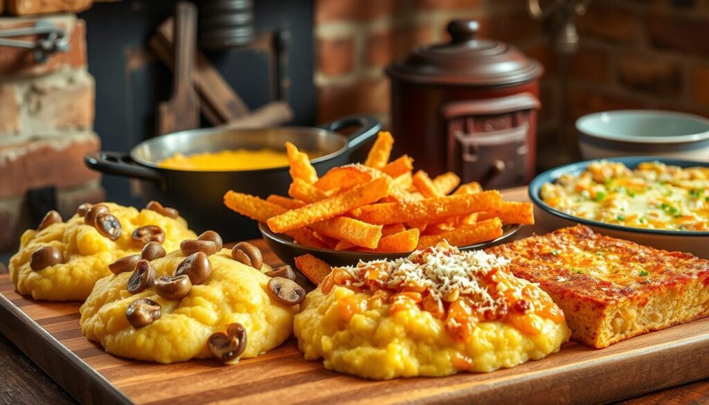 A vibrant and rustic scene of various polenta dishes, set against the backdrop of a cozy Lombard kitchen. In the foreground, a wooden board showcases a selection of polenta-based delicacies, including soft and creamy polenta with mushrooms, crispy polenta fries with a dusting of parmesan, and a rich, cheesy polenta casserole. The middle ground features a cast-iron pot simmering with fragrant cornmeal, while the background depicts the warm, earthy tones of exposed brick walls and a weathered wood-burning stove. The lighting is soft and natural, casting a golden glow over the scene and accentuating the textures and colors of the polenta dishes. An inviting and mouthwatering representation of the diverse and delicious polenta variations found in the Lombardy region. A vibrant and rustic scene of various polenta dishes, set against the backdrop of a cozy Lombard kitchen. In the foreground, a wooden board showcases a selection of polenta-based delicacies, including soft and creamy polenta with mushrooms, crispy polenta fries with a dusting of parmesan, and a rich, cheesy polenta casserole. The middle ground features a cast-iron pot simmering with fragrant cornmeal, while the background depicts the warm, earthy tones of exposed brick walls and a weathered wood-burning stove. The lighting is soft and natural, casting a golden glow over the scene and accentuating the textures and colors of the polenta dishes. An inviting and mouthwatering representation of the diverse and delicious polenta variations found in the Lombardy region.