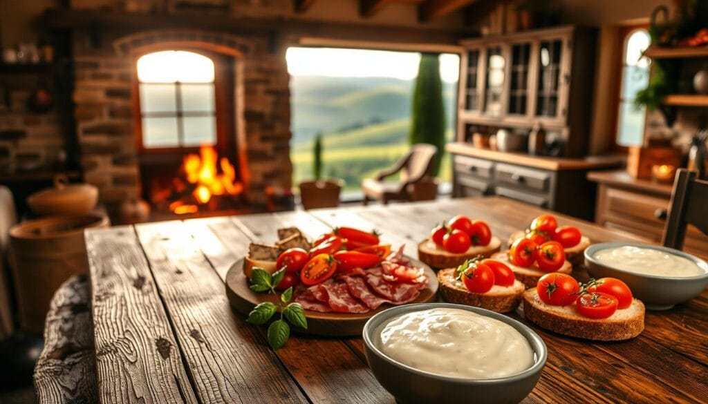 A warm, cozy kitchen filled with the aromas of Tuscan home cooking. In the foreground, a rustic wooden table is set with a selection of classic Tuscan starter recipes - a platter of cured meats and cheeses, bruschetta topped with juicy tomatoes and fragrant basil, and a bowl of creamy white bean dip. The middle ground features a stone fireplace with dancing flames, casting a golden glow over the scene. In the background, a large window offers a glimpse of the rolling Tuscan hills, bathed in the soft, diffused light of the setting sun. The overall mood is one of comfort, tradition, and the celebration of simple, honest ingredients. A warm, cozy kitchen filled with the aromas of Tuscan home cooking. In the foreground, a rustic wooden table is set with a selection of classic Tuscan starter recipes - a platter of cured meats and cheeses, bruschetta topped with juicy tomatoes and fragrant basil, and a bowl of creamy white bean dip. The middle ground features a stone fireplace with dancing flames, casting a golden glow over the scene. In the background, a large window offers a glimpse of the rolling Tuscan hills, bathed in the soft, diffused light of the setting sun. The overall mood is one of comfort, tradition, and the celebration of simple, honest ingredients.