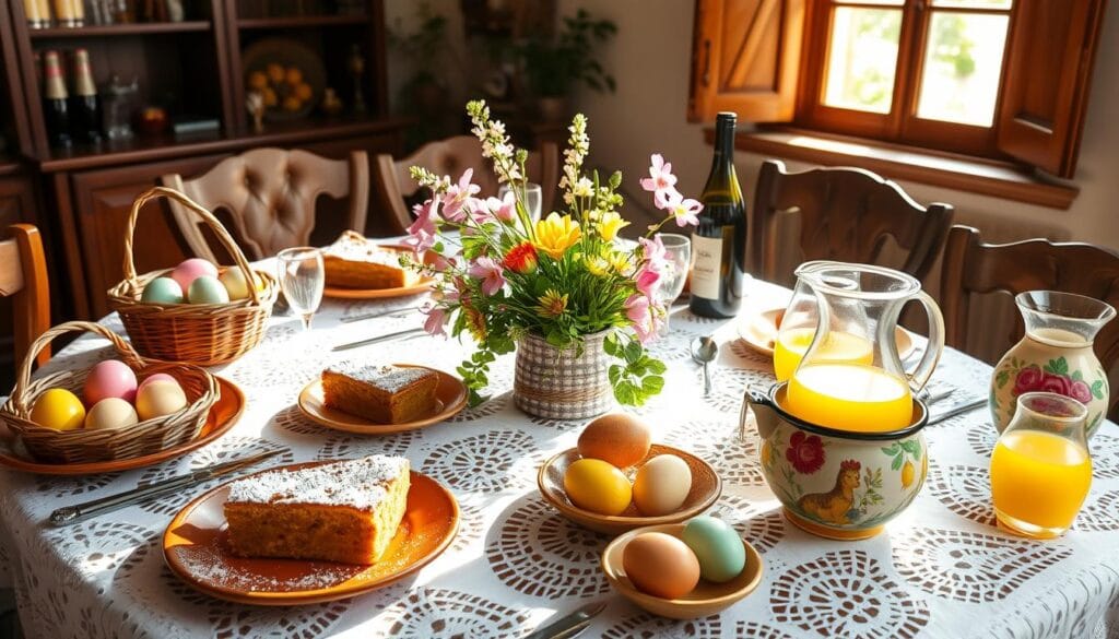 An Umbrian Easter table set with a lace tablecloth, adorned with a centerpiece of fresh spring flowers, sunlight streaming through the window casting a warm glow. Rustic terracotta plates hold slices of the traditional Ciaramicola cake, dusted with powdered sugar. Woven wicker baskets brimming with colorful hard-boiled eggs, a symbol of new life. Crystal decanters filled with robust local wines, and hand-painted ceramic pitchers of freshly squeezed citrus juices. The scene exudes the essence of Umbrian tradition, family, and the celebratory spirit of Easter. An Umbrian Easter table set with a lace tablecloth, adorned with a centerpiece of fresh spring flowers, sunlight streaming through the window casting a warm glow. Rustic terracotta plates hold slices of the traditional Ciaramicola cake, dusted with powdered sugar. Woven wicker baskets brimming with colorful hard-boiled eggs, a symbol of new life. Crystal decanters filled with robust local wines, and hand-painted ceramic pitchers of freshly squeezed citrus juices. The scene exudes the essence of Umbrian tradition, family, and the celebratory spirit of Easter.