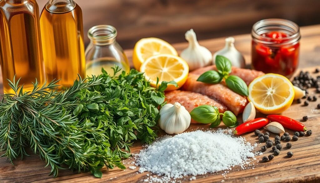 Classic Sardinian marinade ingredients showcasing saveurs méditerranéennes Classic Sardinian marinade ingredients showcasing saveurs méditerranéennes
