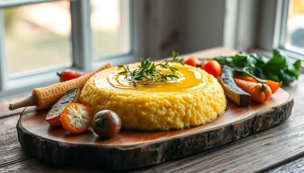 Polenta presentation on a rustic wooden board, with roasted vegetables artistically arranged around it. The polenta is golden and creamy, topped with a drizzle of fragrant olive oil and fresh herbs. In the background, a window lets in soft, natural lighting, casting a warm glow on the scene. The overall composition exudes an inviting, homey atmosphere, capturing the essence of traditional Italian cuisine. A mix of textures, colors, and flavors create a visually appealing and appetizing presentation. Polenta presentation on a rustic wooden board, with roasted vegetables artistically arranged around it. The polenta is golden and creamy, topped with a drizzle of fragrant olive oil and fresh herbs. In the background, a window lets in soft, natural lighting, casting a warm glow on the scene. The overall composition exudes an inviting, homey atmosphere, capturing the essence of traditional Italian cuisine. A mix of textures, colors, and flavors create a visually appealing and appetizing presentation.
