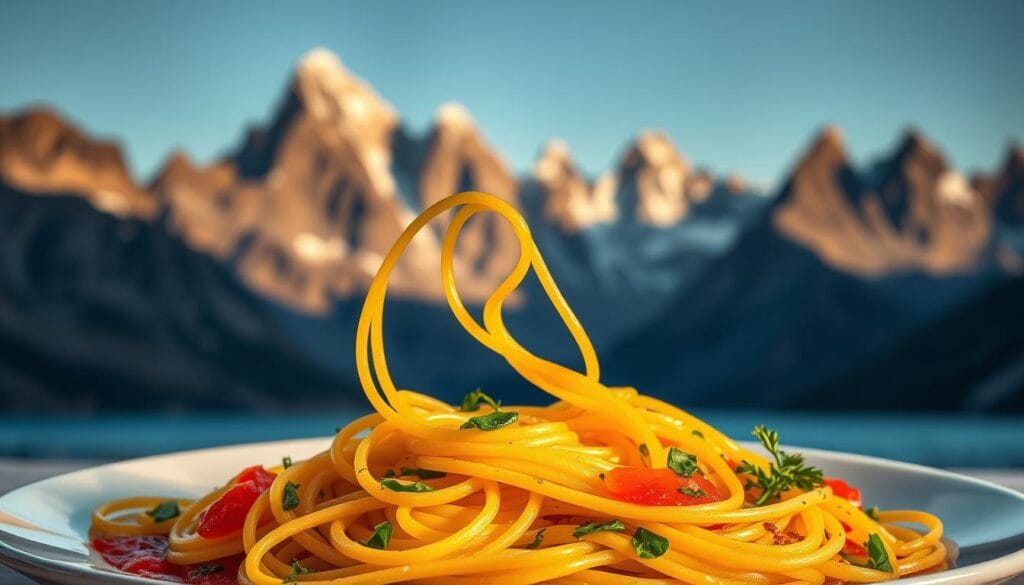 Spaghetti intertwined like ocean waves, twisting and undulating against a dramatic mountain landscape. Towering peaks rise in the background, their jagged silhouettes casting long shadows across the scene. Vibrant sauces and fresh herbs artfully plated, creating a harmonious interplay of sea and land flavors. Warm lighting accentuates the texture of the pasta, each strand glistening. A sense of culinary adventure and mastery of technique pervades the composition, inviting the viewer to explore this unique fusion of cuisines. Spaghetti intertwined like ocean waves, twisting and undulating against a dramatic mountain landscape. Towering peaks rise in the background, their jagged silhouettes casting long shadows across the scene. Vibrant sauces and fresh herbs artfully plated, creating a harmonious interplay of sea and land flavors. Warm lighting accentuates the texture of the pasta, each strand glistening. A sense of culinary adventure and mastery of technique pervades the composition, inviting the viewer to explore this unique fusion of cuisines.