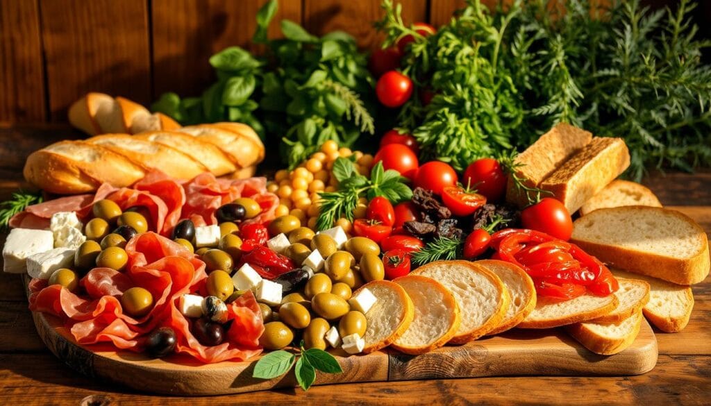 A bountiful display of Mediterranean antipasto ingredients on a rustic wooden table, bathed in warm, golden lighting. In the foreground, an array of cured meats, such as prosciutto and salami, alongside tangy olives, creamy feta, and marinated artichoke hearts. In the middle ground, freshly sliced baguette, crusty bread, and a selection of vibrant, roasted red peppers and sun-dried tomatoes. In the background, a backdrop of lush, green herbs, including basil, oregano, and rosemary, creating a sense of balance and natural abundance. The overall scene conveys a cozy, inviting atmosphere, perfect for savoring a delightful antipasto platter. A bountiful display of Mediterranean antipasto ingredients on a rustic wooden table, bathed in warm, golden lighting. In the foreground, an array of cured meats, such as prosciutto and salami, alongside tangy olives, creamy feta, and marinated artichoke hearts. In the middle ground, freshly sliced baguette, crusty bread, and a selection of vibrant, roasted red peppers and sun-dried tomatoes. In the background, a backdrop of lush, green herbs, including basil, oregano, and rosemary, creating a sense of balance and natural abundance. The overall scene conveys a cozy, inviting atmosphere, perfect for savoring a delightful antipasto platter.