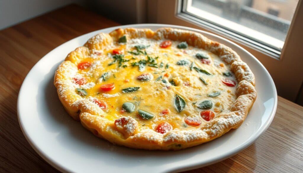 A chilled and perfectly set frittata, its surface lightly frosted with a dusting of powdered sugar, rests on a clean white plate. The egg custard, studded with tender morsels of vegetables and fragrant herbs, has been carefully reheated, its edges slightly crisp. Delicate streaks of ice crystals run across the surface, creating a captivating visual contrast. Soft, natural lighting from a window illuminates the scene, casting a warm glow and highlighting the rustic, homemade quality of the dish. The frittata is photographed from a high angle, emphasizing its flat, circular shape and the intricate details of its texture and composition. A chilled and perfectly set frittata, its surface lightly frosted with a dusting of powdered sugar, rests on a clean white plate. The egg custard, studded with tender morsels of vegetables and fragrant herbs, has been carefully reheated, its edges slightly crisp. Delicate streaks of ice crystals run across the surface, creating a captivating visual contrast. Soft, natural lighting from a window illuminates the scene, casting a warm glow and highlighting the rustic, homemade quality of the dish. The frittata is photographed from a high angle, emphasizing its flat, circular shape and the intricate details of its texture and composition.
