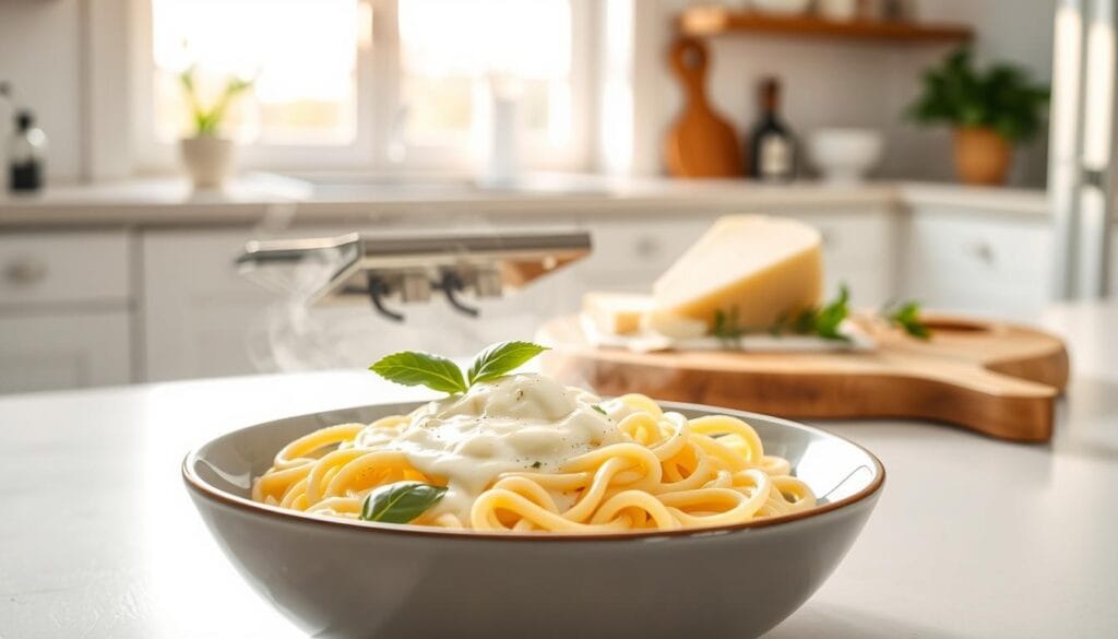 A classic Italian pasta dish with creamy ricotta cheese, served in a bright, sunlit kitchen. In the foreground, a steaming bowl of freshly cooked pasta, its ribbons coated in a silky, white ricotta sauce, garnished with fresh basil leaves. In the middle ground, a wooden cutting board with a wedge of Parmesan cheese, a sprig of rosemary, and a drizzle of olive oil. The background features an airy, white-walled kitchen, with a large window letting in warm, natural light, casting a soft, golden glow over the scene. The overall mood is one of simplicity, comfort, and the celebration of traditional Italian flavors. A classic Italian pasta dish with creamy ricotta cheese, served in a bright, sunlit kitchen. In the foreground, a steaming bowl of freshly cooked pasta, its ribbons coated in a silky, white ricotta sauce, garnished with fresh basil leaves. In the middle ground, a wooden cutting board with a wedge of Parmesan cheese, a sprig of rosemary, and a drizzle of olive oil. The background features an airy, white-walled kitchen, with a large window letting in warm, natural light, casting a soft, golden glow over the scene. The overall mood is one of simplicity, comfort, and the celebration of traditional Italian flavors.
