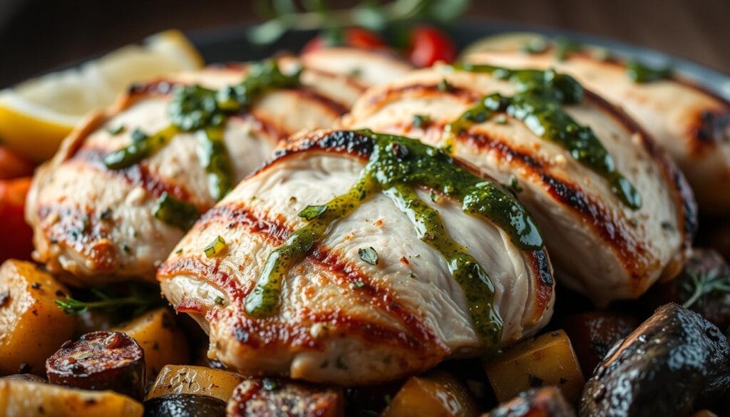 A close-up shot of fresh turkey tenderloins seared to a golden-brown crust, nestled on a bed of roasted Mediterranean vegetables. The tenderloins are drizzled with a vibrant green herb sauce, the bright flavors of garlic, lemon, and oregano dancing on the palate. The scene is bathed in warm, diffused lighting, creating a cozy, rustic atmosphere. The composition emphasizes the textures and colors of the dish, inviting the viewer to savor the flavors of this delightful Mediterranean-inspired turkey dish. A close-up shot of fresh turkey tenderloins seared to a golden-brown crust, nestled on a bed of roasted Mediterranean vegetables. The tenderloins are drizzled with a vibrant green herb sauce, the bright flavors of garlic, lemon, and oregano dancing on the palate. The scene is bathed in warm, diffused lighting, creating a cozy, rustic atmosphere. The composition emphasizes the textures and colors of the dish, inviting the viewer to savor the flavors of this delightful Mediterranean-inspired turkey dish.