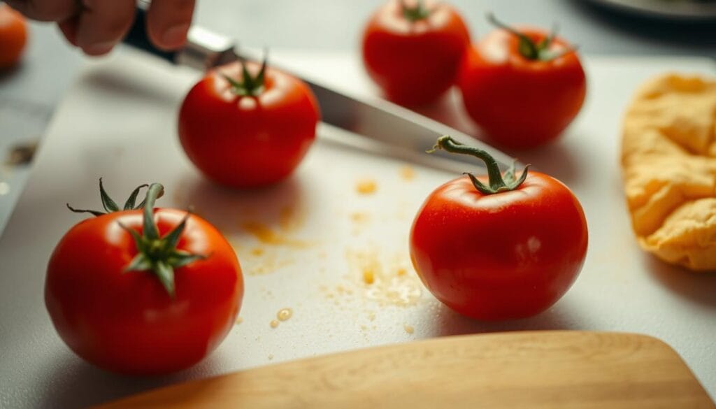 A close-up shot of several fresh, ripe tomatoes being carefully prepared for a culinary dish. The tomatoes are positioned on a white, clean surface, with a sharp knife and a cutting board visible in the foreground. The lighting is soft and diffused, creating a warm, inviting atmosphere. The tomatoes' vibrant red hues stand out against the neutral background, highlighting their natural beauty and the care being taken in their preparation. The composition is balanced, with the tomatoes taking center stage, and the surrounding elements providing context and visual interest. The overall scene conveys a sense of anticipation and the promise of a delicious, homemade meal. A close-up shot of several fresh, ripe tomatoes being carefully prepared for a culinary dish. The tomatoes are positioned on a white, clean surface, with a sharp knife and a cutting board visible in the foreground. The lighting is soft and diffused, creating a warm, inviting atmosphere. The tomatoes' vibrant red hues stand out against the neutral background, highlighting their natural beauty and the care being taken in their preparation. The composition is balanced, with the tomatoes taking center stage, and the surrounding elements providing context and visual interest. The overall scene conveys a sense of anticipation and the promise of a delicious, homemade meal.