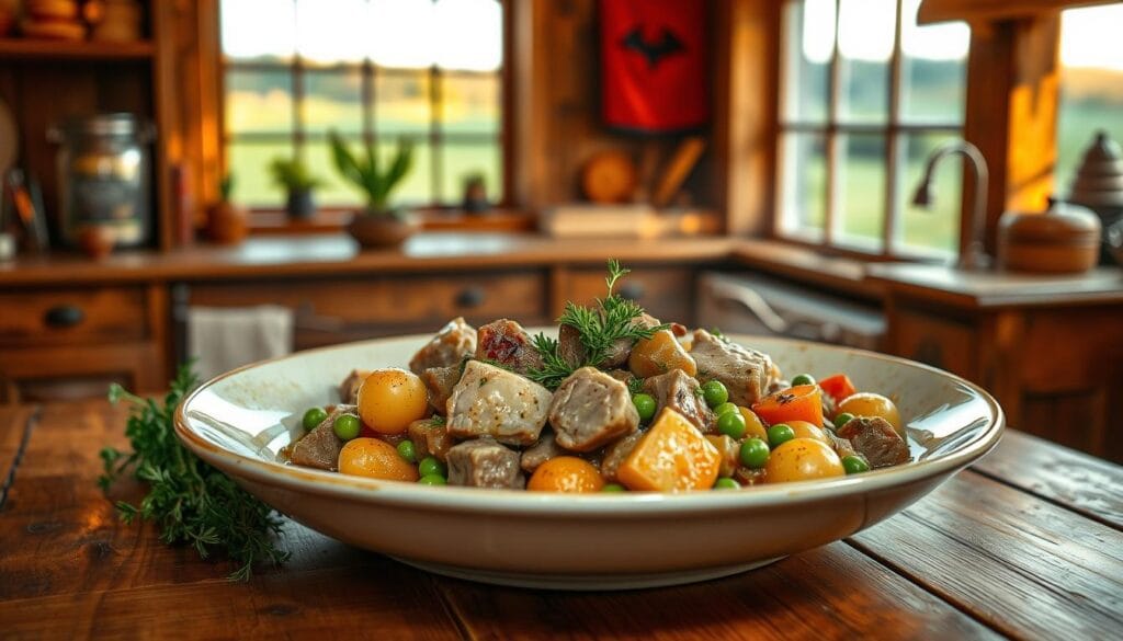 A cozy, rustic kitchen setting with a wooden table in the foreground, adorned with a veal stew served in a large, shallow bowl. The stew is garnished with fresh herbs, tender cubes of veal, and an assortment of roasted vegetables, including baby potatoes, peas, and carrots. Warm, golden lighting casts a soft glow, creating a welcoming and appetizing atmosphere. In the background, a traditional farmhouse-style window offers a glimpse of a pastoral landscape, hinting at the wholesome and homemade nature of the dish. The overall composition emphasizes the hearty, comforting nature of the veal stew, inviting the viewer to imagine themselves savoring this delectable meal. A cozy, rustic kitchen setting with a wooden table in the foreground, adorned with a veal stew served in a large, shallow bowl. The stew is garnished with fresh herbs, tender cubes of veal, and an assortment of roasted vegetables, including baby potatoes, peas, and carrots. Warm, golden lighting casts a soft glow, creating a welcoming and appetizing atmosphere. In the background, a traditional farmhouse-style window offers a glimpse of a pastoral landscape, hinting at the wholesome and homemade nature of the dish. The overall composition emphasizes the hearty, comforting nature of the veal stew, inviting the viewer to imagine themselves savoring this delectable meal.