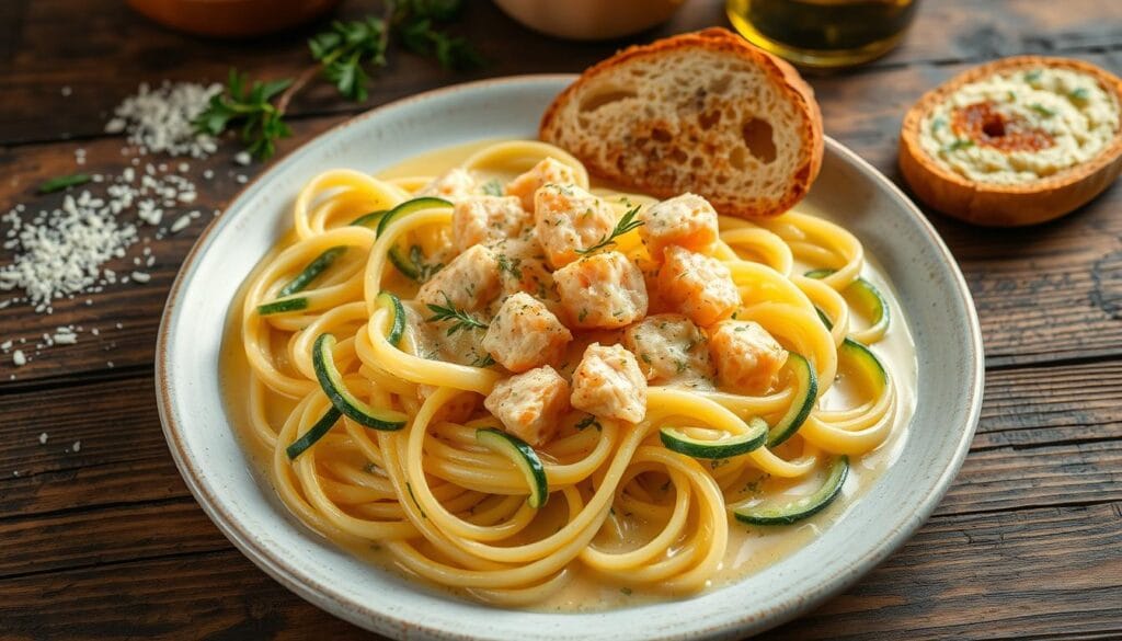 A creamy, luscious pasta dish on a rustic wooden table, the al dente zucchini ribbons and tender salmon flakes nestled in a silky, garlic-infused sauce. Warm, indirect lighting casts a cozy glow, highlighting the vibrant colors and textures. The composition is balanced, with the pasta taking center stage, surrounded by complementary elements like a sprinkle of fresh herbs, a drizzle of olive oil, and a crusty piece of bread for dipping. The mood is inviting and comforting, perfectly capturing the essence of a homemade, heartwarming "Pasta Cremosa" recipe. A creamy, luscious pasta dish on a rustic wooden table, the al dente zucchini ribbons and tender salmon flakes nestled in a silky, garlic-infused sauce. Warm, indirect lighting casts a cozy glow, highlighting the vibrant colors and textures. The composition is balanced, with the pasta taking center stage, surrounded by complementary elements like a sprinkle of fresh herbs, a drizzle of olive oil, and a crusty piece of bread for dipping. The mood is inviting and comforting, perfectly capturing the essence of a homemade, heartwarming "Pasta Cremosa" recipe.