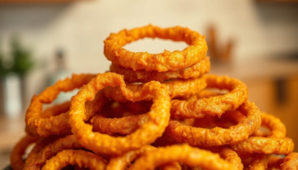 A crisp pile of golden-brown onion rings, their crunchy exterior glistening under the warm, soft light of a cozy kitchen. The rings are stacked artfully, inviting the viewer to imagine their satisfying texture and savory flavor. The focus is clear, with a shallow depth of field that highlights the intricate details of the rings' crisped edges and the subtle variations in their shades. The background is softly blurred, creating a sense of intimate, homey ambiance. This image perfectly captures the essence of delectable, egg-free fried onion rings, ready to be relished and enjoyed as a mouthwatering snack or side dish. A crisp pile of golden-brown onion rings, their crunchy exterior glistening under the warm, soft light of a cozy kitchen. The rings are stacked artfully, inviting the viewer to imagine their satisfying texture and savory flavor. The focus is clear, with a shallow depth of field that highlights the intricate details of the rings' crisped edges and the subtle variations in their shades. The background is softly blurred, creating a sense of intimate, homey ambiance. This image perfectly captures the essence of delectable, egg-free fried onion rings, ready to be relished and enjoyed as a mouthwatering snack or side dish.