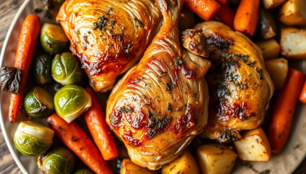 A delectable arrangement of baked chicken thighs, their golden-brown skin glistening under the warm, natural lighting. Nestled alongside vibrant roasted vegetables - carrots, Brussels sprouts, and potatoes - creating a harmonious color palette. The thighs are seasoned with a savory blend of herbs, garlic, and a hint of tangy mustard, promising a depth of flavor. The scene is captured from a slightly elevated angle, showcasing the dish's enticing presentation on a rustic wooden table, complemented by a simple, uncluttered background that allows the main elements to shine. This mouthwatering composition evokes a cozy, homey atmosphere, perfect for a satisfying weeknight meal. A delectable arrangement of baked chicken thighs, their golden-brown skin glistening under the warm, natural lighting. Nestled alongside vibrant roasted vegetables - carrots, Brussels sprouts, and potatoes - creating a harmonious color palette. The thighs are seasoned with a savory blend of herbs, garlic, and a hint of tangy mustard, promising a depth of flavor. The scene is captured from a slightly elevated angle, showcasing the dish's enticing presentation on a rustic wooden table, complemented by a simple, uncluttered background that allows the main elements to shine. This mouthwatering composition evokes a cozy, homey atmosphere, perfect for a satisfying weeknight meal.