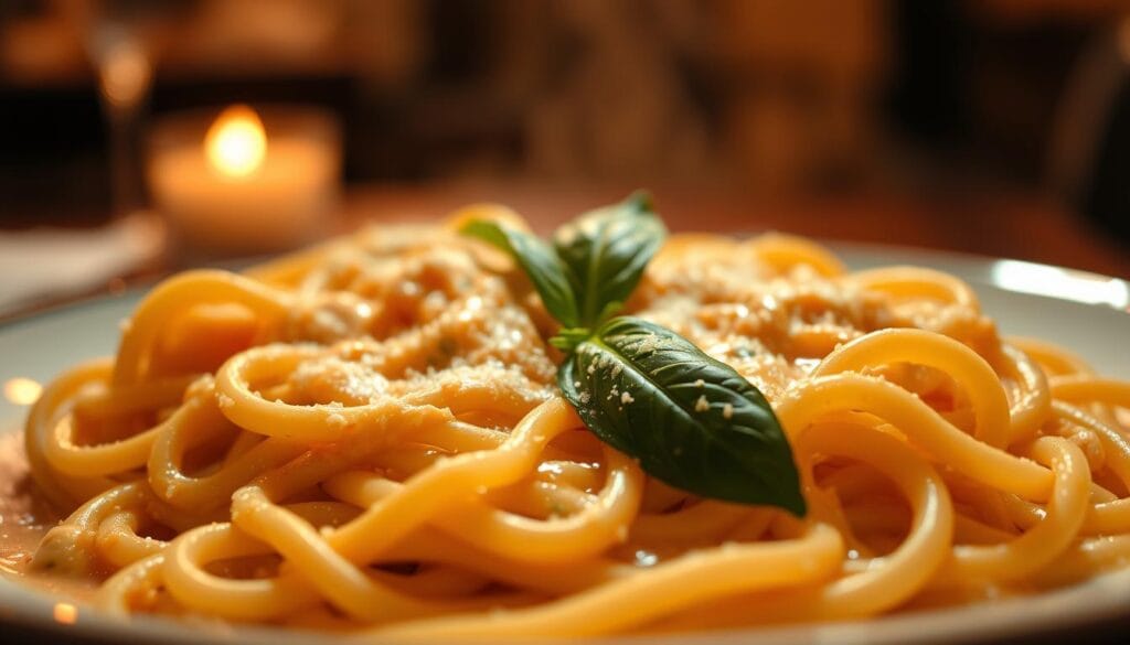 A delectable plate of creamy pasta, the noodles coated in a silky, luxurious sauce. The foreground features the glistening pasta, each strand perfectly al dente, nestled in a generous pool of the creamy, velvety sauce. In the middle ground, fresh basil leaves and a sprinkle of grated Parmesan add a vibrant pop of color and subtle flavors. The background is softly blurred, with muted tones creating a warm, inviting atmosphere, as if captured in a cozy, dimly lit Italian trattoria. The lighting is soft and diffused, casting a golden glow that enhances the rich, comforting textures. Captured with a shallow depth of field, the viewer's focus is drawn to the delectable pasta, making the viewer's mouth water with anticipation. A delectable plate of creamy pasta, the noodles coated in a silky, luxurious sauce. The foreground features the glistening pasta, each strand perfectly al dente, nestled in a generous pool of the creamy, velvety sauce. In the middle ground, fresh basil leaves and a sprinkle of grated Parmesan add a vibrant pop of color and subtle flavors. The background is softly blurred, with muted tones creating a warm, inviting atmosphere, as if captured in a cozy, dimly lit Italian trattoria. The lighting is soft and diffused, casting a golden glow that enhances the rich, comforting textures. Captured with a shallow depth of field, the viewer's focus is drawn to the delectable pasta, making the viewer's mouth water with anticipation.