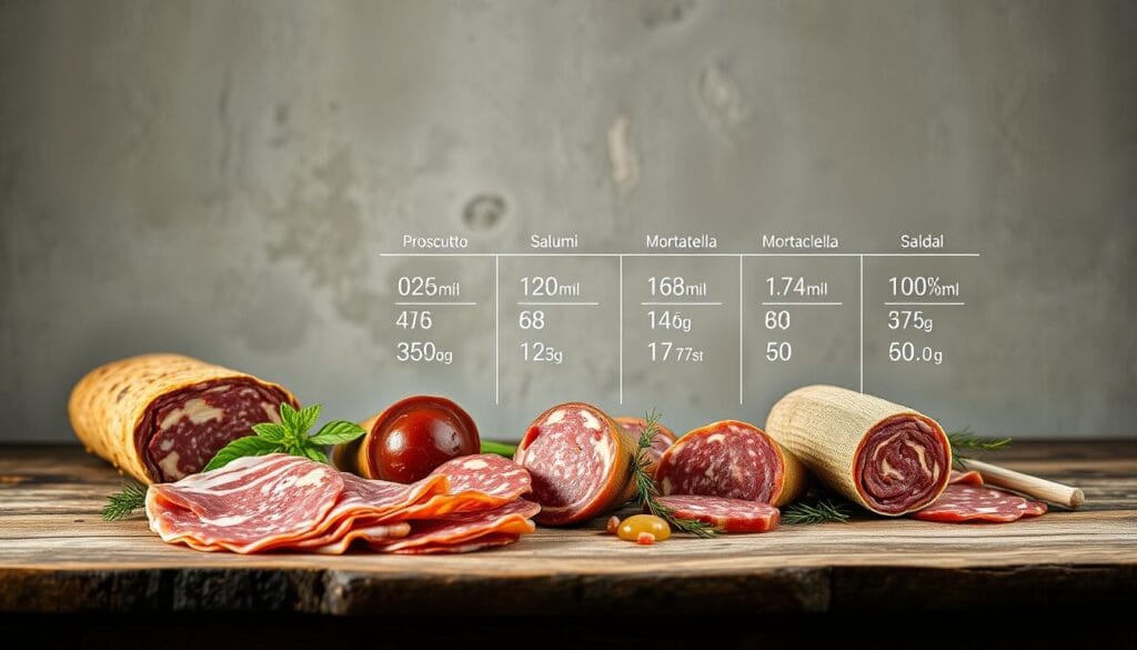 A detailed still life composition depicting the nutritional profile of classic Italian cured meats. In the foreground, a selection of salumi such as prosciutto, salami, and mortadella are arranged on a rustic wooden table, their rich colors and textures highlighted by gentle, directional studio lighting. In the middle ground, a visual breakdown of the nutritional information for each item, using clean, modern typography and iconography. The background features a muted, textured wall, adding depth and a sense of artisanal craftsmanship to the scene. The overall mood is informative yet appetizing, conveying the cultural significance and health considerations of these beloved Italian delicacies. A detailed still life composition depicting the nutritional profile of classic Italian cured meats. In the foreground, a selection of salumi such as prosciutto, salami, and mortadella are arranged on a rustic wooden table, their rich colors and textures highlighted by gentle, directional studio lighting. In the middle ground, a visual breakdown of the nutritional information for each item, using clean, modern typography and iconography. The background features a muted, textured wall, adding depth and a sense of artisanal craftsmanship to the scene. The overall mood is informative yet appetizing, conveying the cultural significance and health considerations of these beloved Italian delicacies.