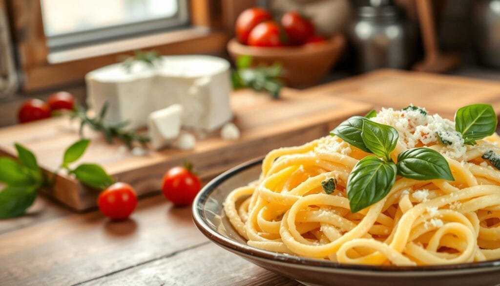 A freshly prepared homemade ricotta pasta dish, with vibrant ingredients and a natural, wholesome aesthetic. In the foreground, a plate of delicate, hand-rolled pasta ribbons, lightly coated in a creamy ricotta sauce, garnished with fresh basil leaves and a sprinkle of grated Parmesan. The middle ground features a wooden cutting board with an artisanal ricotta cheese wheel, a sprig of rosemary, and a few cherry tomatoes. The background showcases a rustic kitchen setting, with warm natural lighting streaming in through a window, highlighting the texture of the handmade pasta and the rich, inviting colors of the ingredients. The overall mood is one of culinary authenticity, nutritional goodness, and the comforting flavors of traditional Italian cuisine. A freshly prepared homemade ricotta pasta dish, with vibrant ingredients and a natural, wholesome aesthetic. In the foreground, a plate of delicate, hand-rolled pasta ribbons, lightly coated in a creamy ricotta sauce, garnished with fresh basil leaves and a sprinkle of grated Parmesan. The middle ground features a wooden cutting board with an artisanal ricotta cheese wheel, a sprig of rosemary, and a few cherry tomatoes. The background showcases a rustic kitchen setting, with warm natural lighting streaming in through a window, highlighting the texture of the handmade pasta and the rich, inviting colors of the ingredients. The overall mood is one of culinary authenticity, nutritional goodness, and the comforting flavors of traditional Italian cuisine.