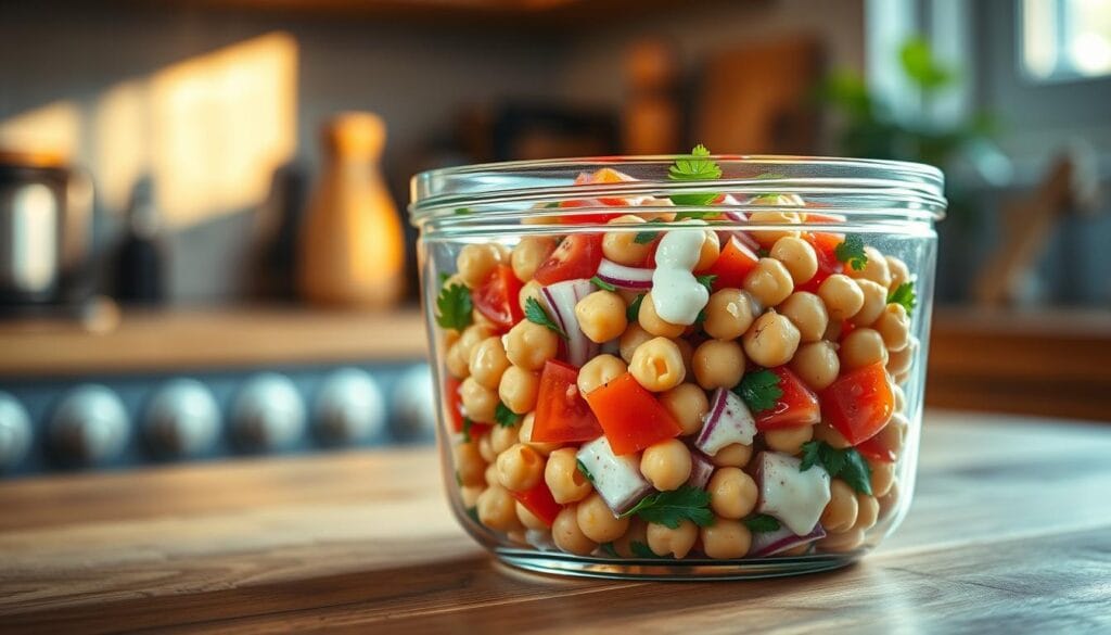 A glass storage container sits on a wooden kitchen counter, filled with a vibrant chickpea salad. The salad features a mix of chickpeas, diced tomatoes, red onion, parsley, and a creamy dressing. Soft, natural lighting from a window casts a warm glow, highlighting the textures and colors of the ingredients. The glass container's lid is slightly ajar, inviting the viewer to imagine the fresh, tantalizing flavors within. The scene conveys a sense of simple, healthy preparation and convenience for storing and enjoying the chickpea salad. A glass storage container sits on a wooden kitchen counter, filled with a vibrant chickpea salad. The salad features a mix of chickpeas, diced tomatoes, red onion, parsley, and a creamy dressing. Soft, natural lighting from a window casts a warm glow, highlighting the textures and colors of the ingredients. The glass container's lid is slightly ajar, inviting the viewer to imagine the fresh, tantalizing flavors within. The scene conveys a sense of simple, healthy preparation and convenience for storing and enjoying the chickpea salad.