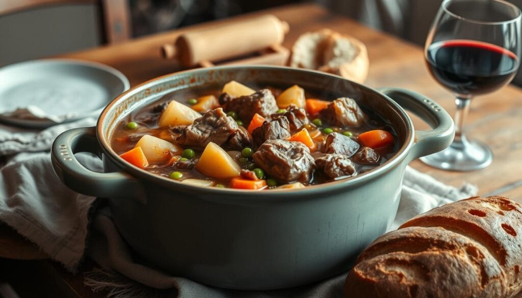 A hearty veal stew simmering in a large ceramic pot, resting on a wooden table. The rich, savory broth is dotted with chunks of tender veal, potatoes, carrots, peas, and onions, all bathed in a warm, earthy light. Wisps of steam rise from the stew, hinting at the comforting aroma. The table is set with a rustic linen cloth, a crusty loaf of bread, and a glass of red wine, creating a cozy, inviting scene. The image is captured with a shallow depth of field, gently blurring the background and focusing the viewer's attention on the delectable stew at the heart of the composition. A hearty veal stew simmering in a large ceramic pot, resting on a wooden table. The rich, savory broth is dotted with chunks of tender veal, potatoes, carrots, peas, and onions, all bathed in a warm, earthy light. Wisps of steam rise from the stew, hinting at the comforting aroma. The table is set with a rustic linen cloth, a crusty loaf of bread, and a glass of red wine, creating a cozy, inviting scene. The image is captured with a shallow depth of field, gently blurring the background and focusing the viewer's attention on the delectable stew at the heart of the composition.